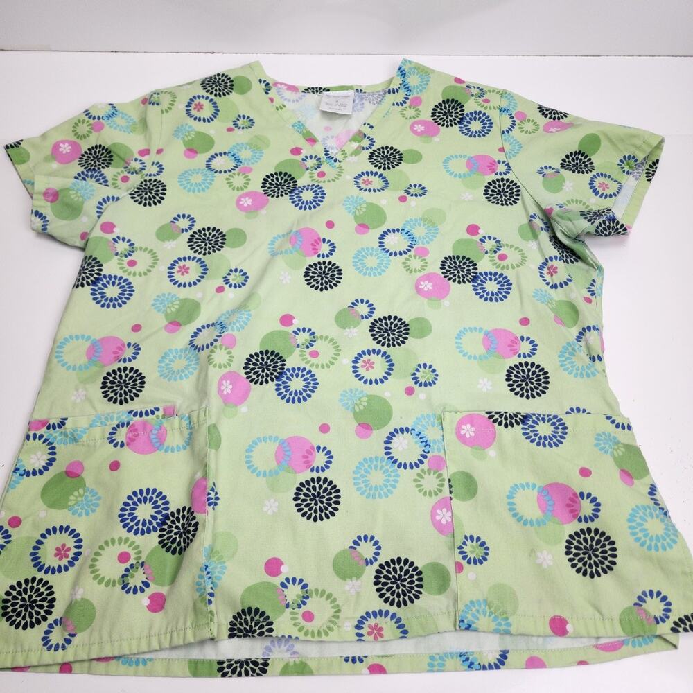 Green Spirals & Flowers Short Sleeve Scrubs Top Women's Size S
